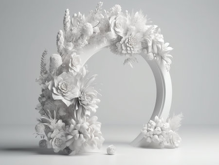 An arch with flowers, white mockup display, product display pedestal, off white stage design, AI generativeの素材