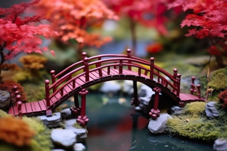 A miniature model of a bridge over a pond. Generative AI.の素材