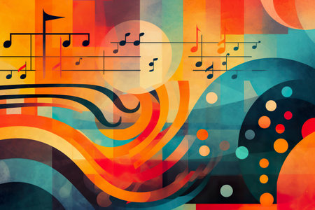 A painting of musical notes on a colorful background. Generative AI.の素材