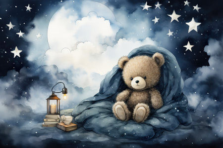 A teddy bear sitting on a blanket next to a lantern. Generative AI. Cute card, sweet dreams among the clouds.の素材