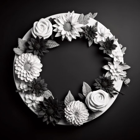 In loving memory of those who are forever in our hearts. Heart shaped flower wreath on grey background. Generative AI.の素材