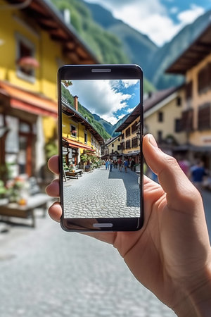A person taking a picture of a street with a cell phone. Generative AI.の素材