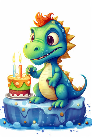 A cartoon dinosaur with a birthday cake. Generative AI. Happy Birthday cute greeting card.の素材