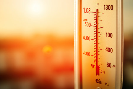 A thermometer with the sun setting in the background. Generative AI. Heat wave in city, temperature rising, climate change concept.の素材