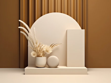 A vase with some plants in it sitting on a shelf. Generative AI. Monochromatic natural beige and golden color shades.の素材