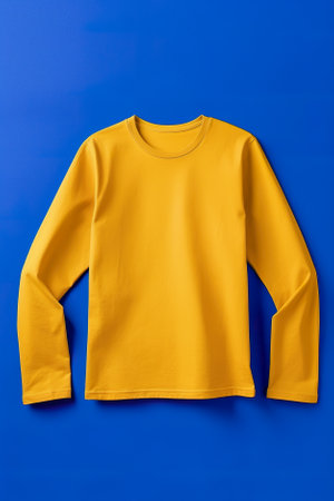 Plain yellow color mockup on blue background. Crowneck long arm tshirt for your design, front view. Generative AI.の素材