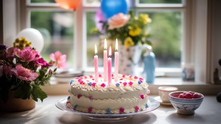 A birthday cake sitting on top of a table. Generative AI. Cute lifestyle, barbycore, sweet birthday celebration.の素材