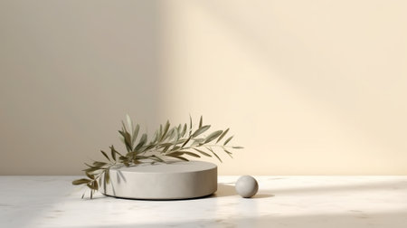 A white vase with a plant in it on a table. Generative AI. SImple ceramic podium, circular stage for product display.の素材