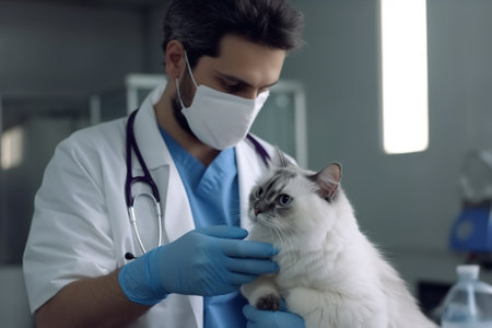 Veterinarian, an animal doctor checking a cat at a vet clinic, AI generative image.の素材