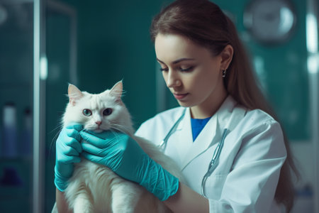 Veterinarian, female animal doctor checking at a white cat at vet clinic, AI generative image.の素材
