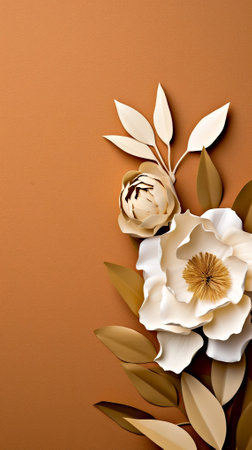 A bunch of paper flowers on a brown background. Generative AI.の素材