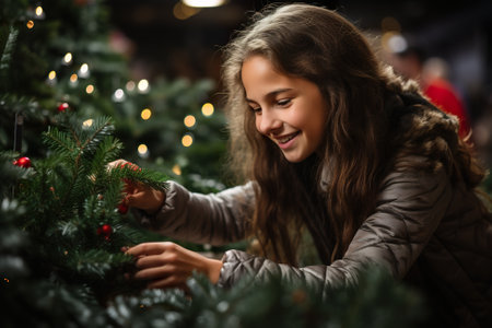 A young girl is decorating a christmas tree. Generative AI.の素材