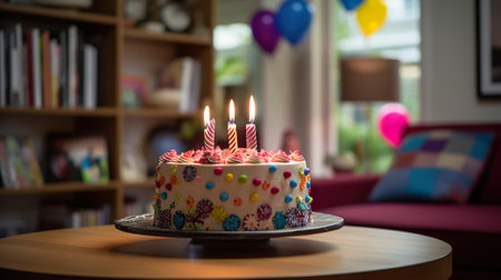 A birthday cake sitting on top of a table. Generative AI. Cute lifestyle, barbycore, sweet birthday celebration.の素材