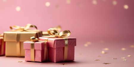 Three pink and gold gift boxes with gold bows. Generative AI. Christmas gift boxes on pink.の素材