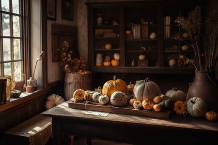 A wooden table topped with lots of pumpkins. AI generative.の素材