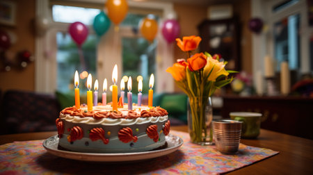 A birthday cake sitting on top of a table. Generative AI. Cute lifestyle, barbycore, sweet birthday celebration.の素材