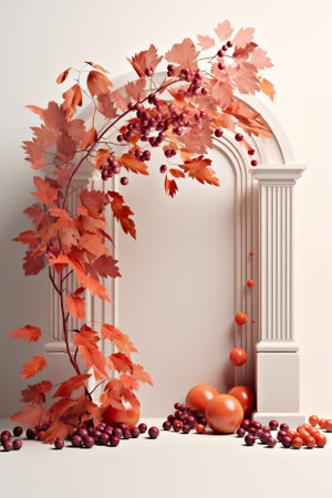 A white arch with a bunch of red berries on it. Generative AI.の素材