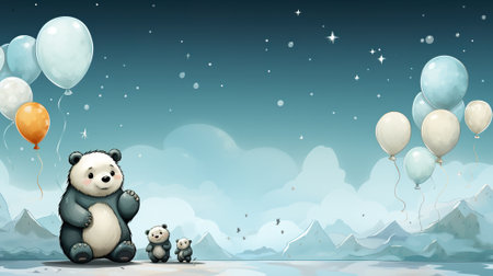 A panda bear sitting on the ground with balloons. Generative AI. Copy-space, place for greeting text.の素材