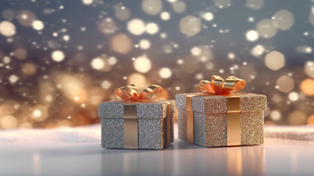 Two gift boxes sitting on top of a table. Generative AI. Christmas background, greeting card or wallpaper design.の素材