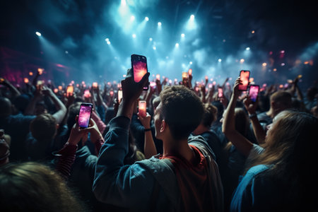A crowd of people holding up cell phones at a concert. Generative AI.の素材