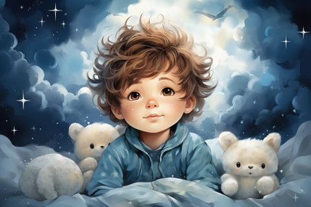 A young boy sitting in bed with teddy bears. Generative AI. Cute card, sweet dreams among the clouds.の素材
