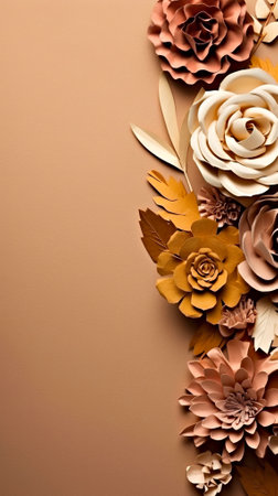 A bunch of paper flowers on a brown background. Generative AI.の素材