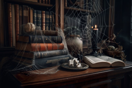 A stack of books sitting on top of a wooden table. AI generative.の素材