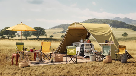 A tent set up in the middle of a field. Generative AI.の素材