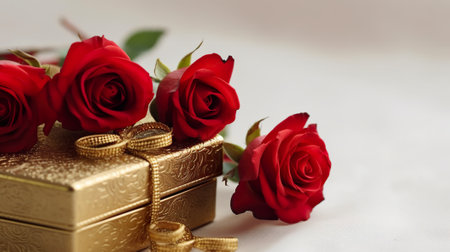 A gold box with three red roses and two gold wedding rings. Generative AI. Valentines day greeting background with copy space, text place.の素材