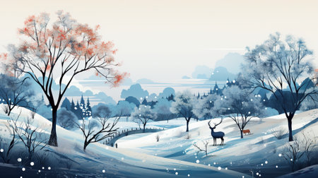 A painting of a deer in a snowy landscape. Generative AI. Winter greeting card design, wintertime background with copy space, place for text.の素材
