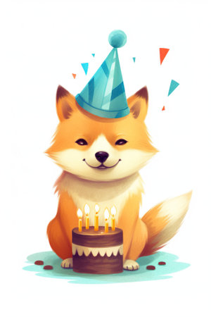 A cartoon fox wearing a party hat sitting in front of a birthday cake. Generative AI. Happy Birthday cute greeting card.の素材