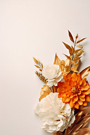 A bouquet of white and orange flowers on a white surface. Generative AI.の素材