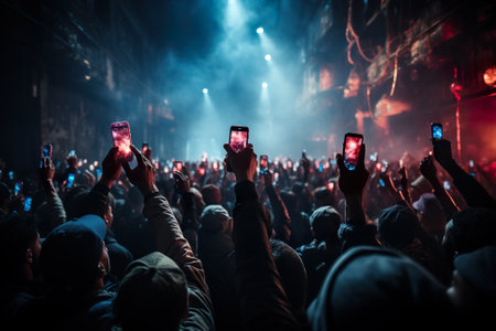A crowd of people holding up cell phones at a concert. Generative AI.の素材