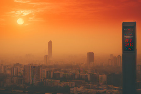 A clock tower in the middle of a city. Generative AI. Heat wave in city, temperature rising, climate change concept.の素材