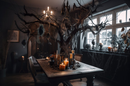 A dining room table with candles and a tree. AI generative.の素材