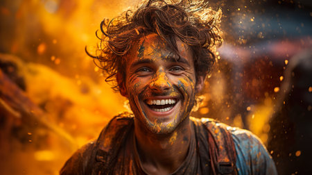 A man is smiling and covered in paint. Generative AI.の素材