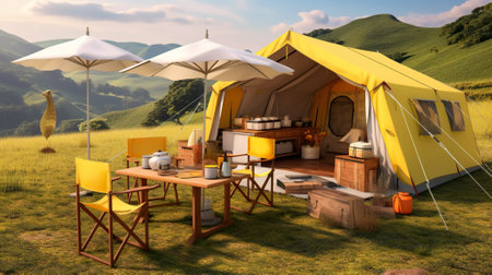A tent set up in the middle of a field. Generative AI.の素材