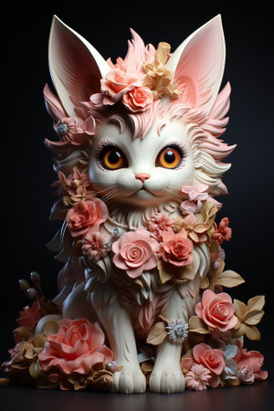 A close up of an ornate cat figurine on a table. Generative AI statuette.の素材