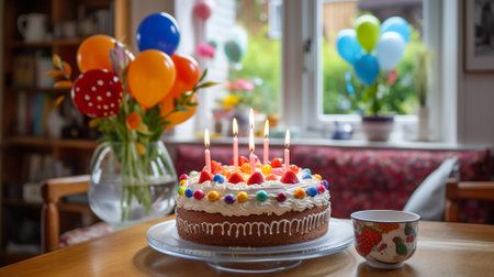 A birthday cake sitting on top of a table. Generative AI. Cute lifestyle, barbycore, sweet birthday celebration.の素材