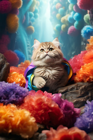 A cat sitting on a rock surrounded by flowers. Generative AI.の素材