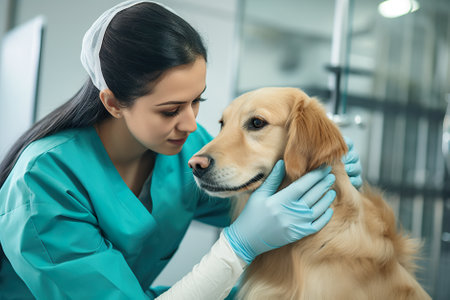 Veterinarian, Latino animal doctor checking a dog at a vet clinic, AI generative image.の素材
