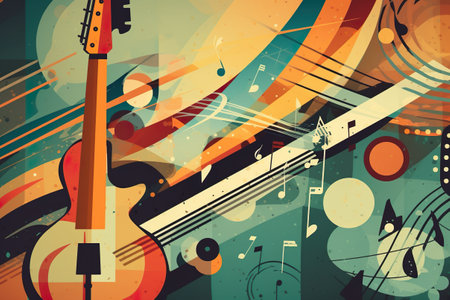 A guitar and musical notes on a colorful background. Generative AI.の素材