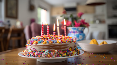A birthday cake with lit candles on top of it. Generative AI. Cute lifestyle, barbycore, sweet birthday celebration.の素材