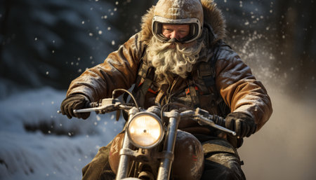 A man riding a motorcycle in the snow. Generative AI.の素材