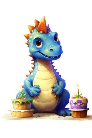 A blue dragon with a birthday cake and cupcakes. Generative AI. Happy Birthday cute greeting card.の素材