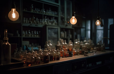 A bunch of bottles sitting on top of a counter. AI generative hunted pharmacy, Halloween display.の素材