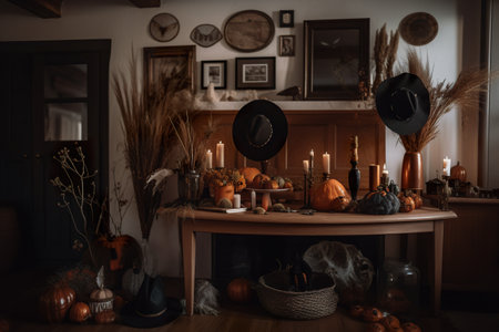 A table topped with lots of pumpkins and candles. AI generative.の素材