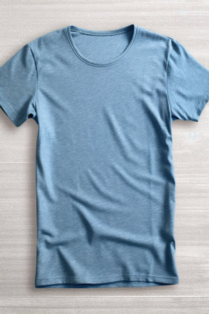 Plain blue, denim heather color mockup on neutral background. Crowneck tshirt for your design, front view. Generative AI.の素材