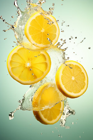 A group of lemon slices falling into the water. Generative AI.の素材