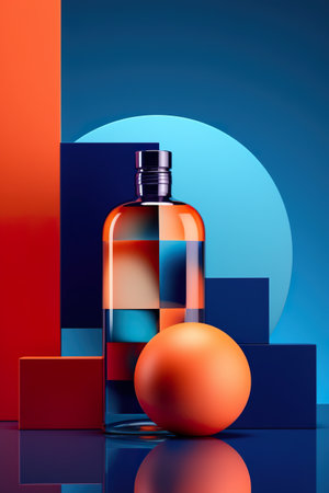 A bottle of perfume next to an ball. Generative AI.の素材